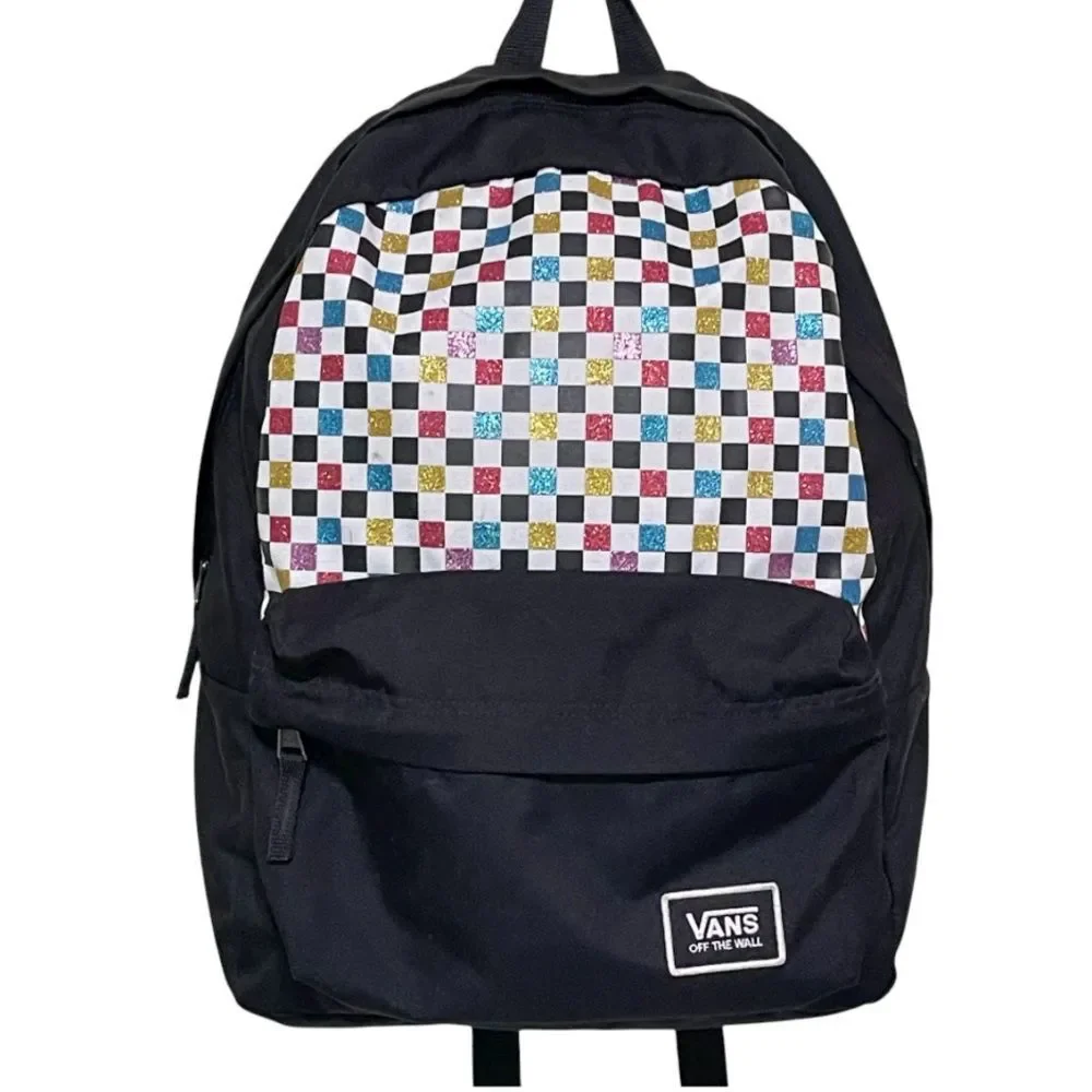Vans Backpack Laptop Bag Checkerboard Colorful Glitter Zip Close School Everyday